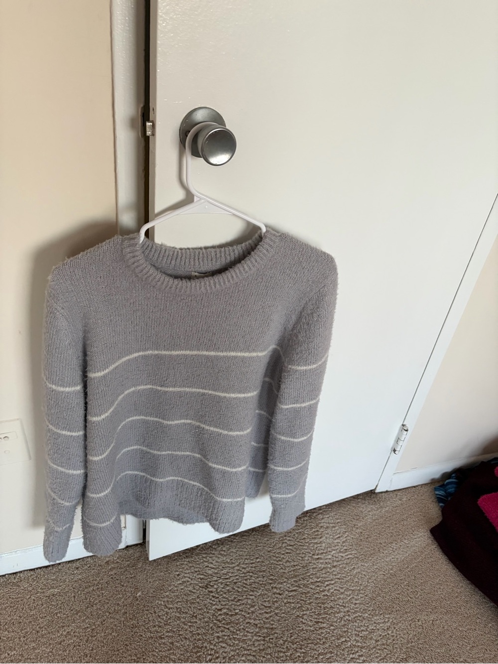 Women's Light Gray Striped Crewneck Sweater